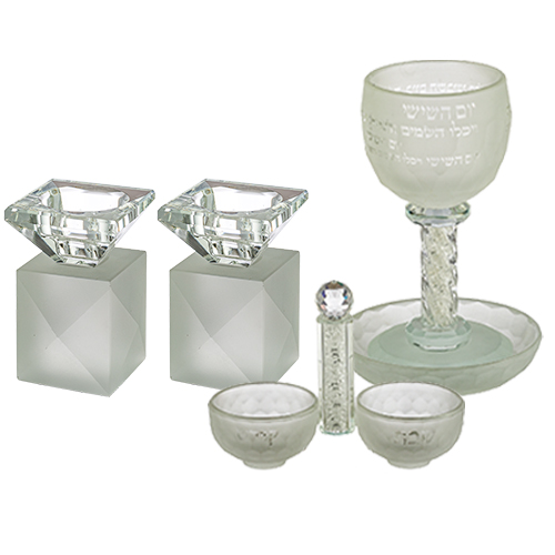 Crystal Set of Candlesticks ++ Kiddush Cup ++ Salt & Pepper Stand with Stones - Matte