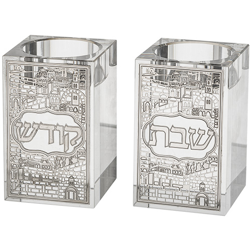זוג פמוטי קריסטל מרובע עם פלקטה "ירושלים" 8 ס״מ
