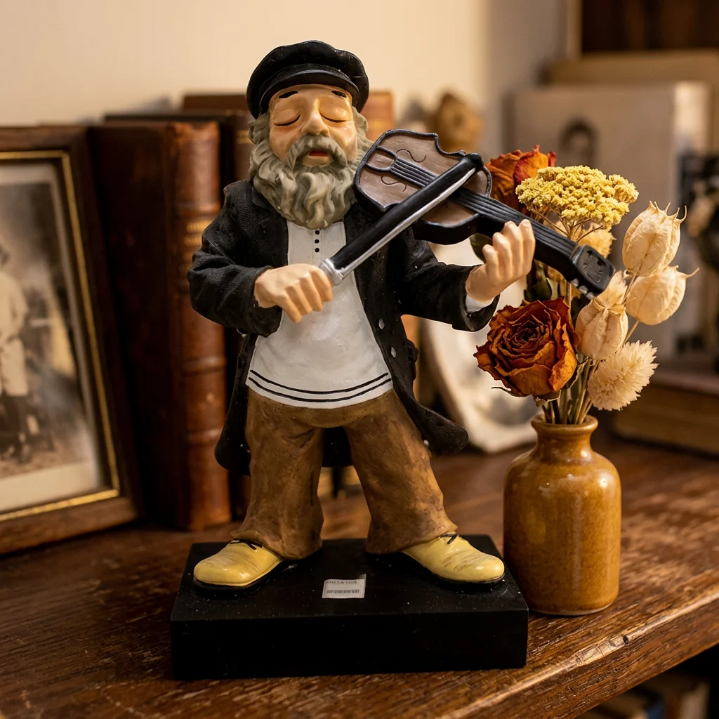 Black Polymer Hassidic Figurine Stands on Stage - Fiddler - 48 cm