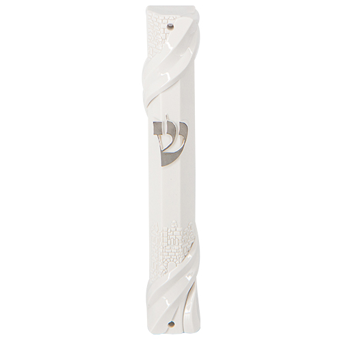 מזוזה פלסטיק 15 ס״מ "ירושלים" לבנה עם פקק גומי