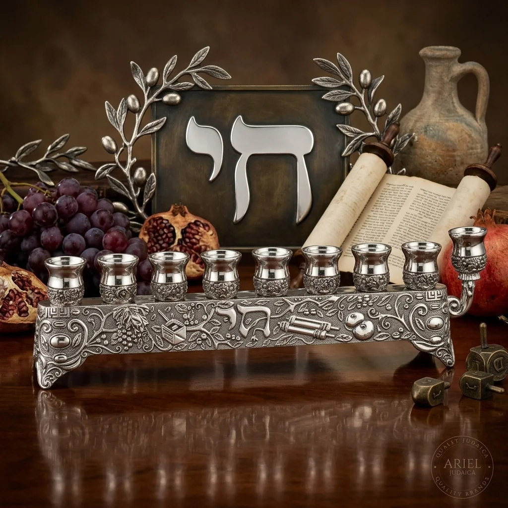 חנוכייה מהודרת בגימור ניקל עם סמלי יודאיקה 9×29 ס״מ