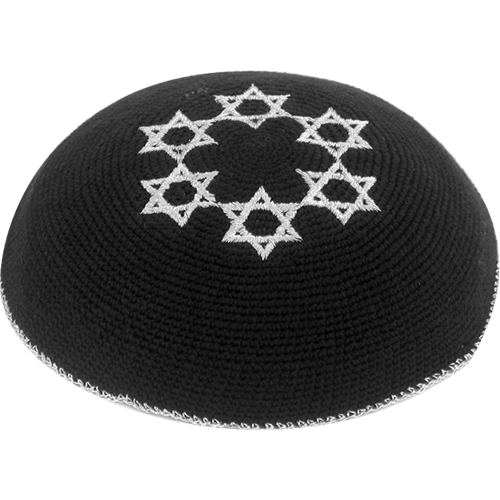 כיפה סרוגה 16 ס״מ 6 מגיני דוד כסף במרכז