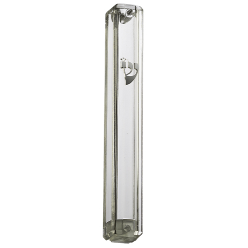 Clear Plastic Mezuzah with Rubber Cork 12 cm- with Silver Shin