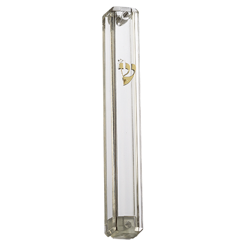 Clear Plastic Mezuzah with Rubber Cork 12 cm - with Gold Shin (28281)