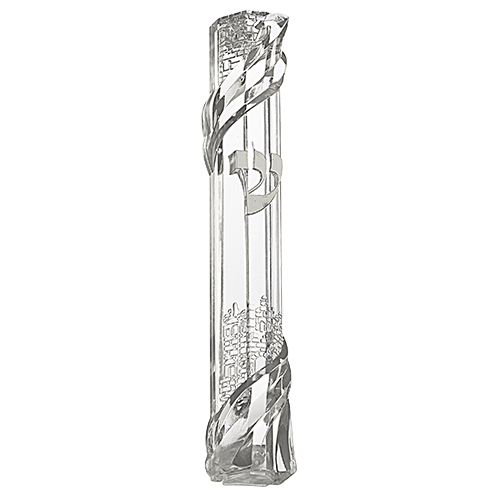 Plastic Clear Mezuzah with Rubber Cork 15 cm - "Jerusalem" - Silver