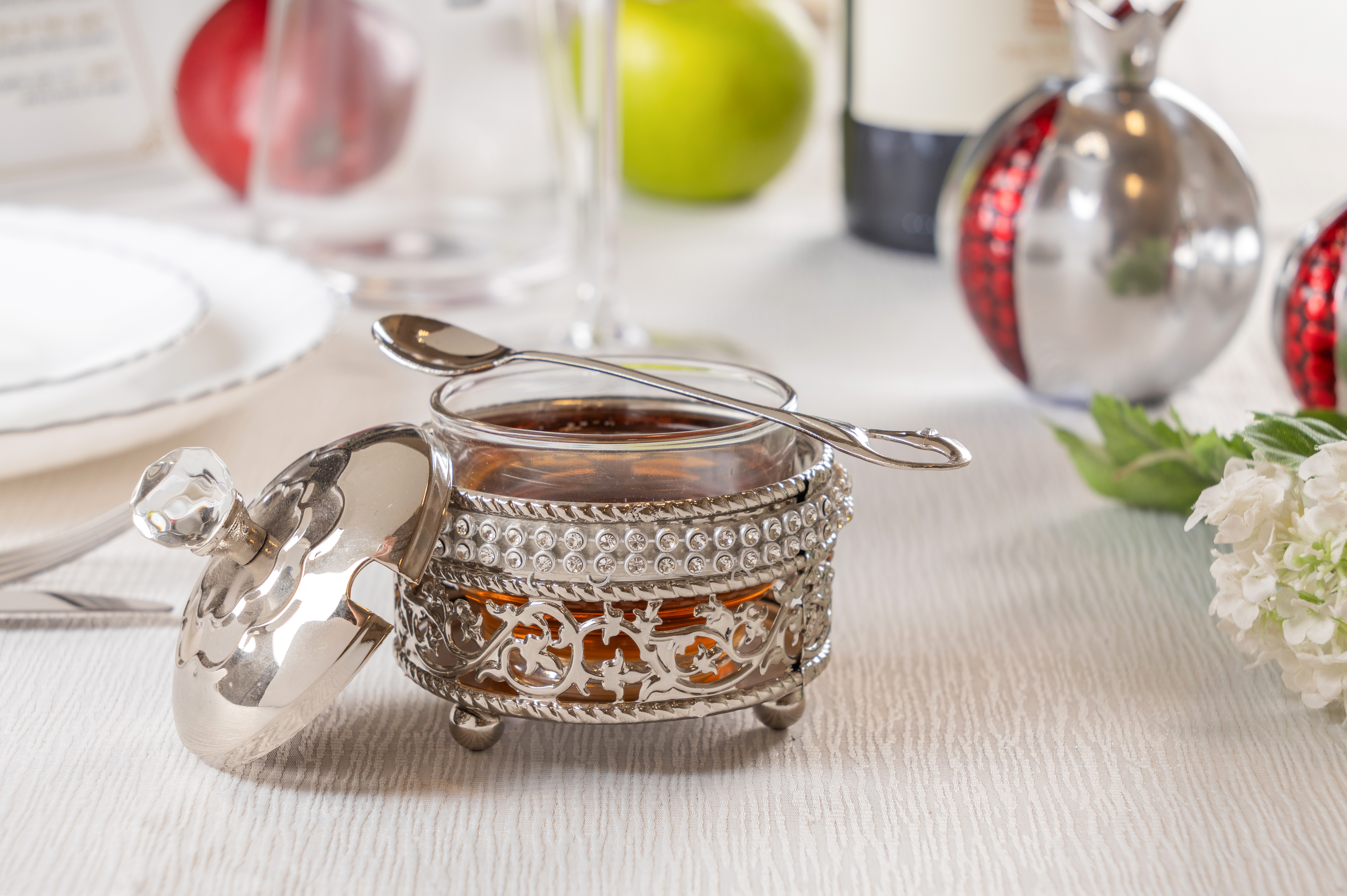 Metal Filigree Honey Dish, 10 cm - Silver