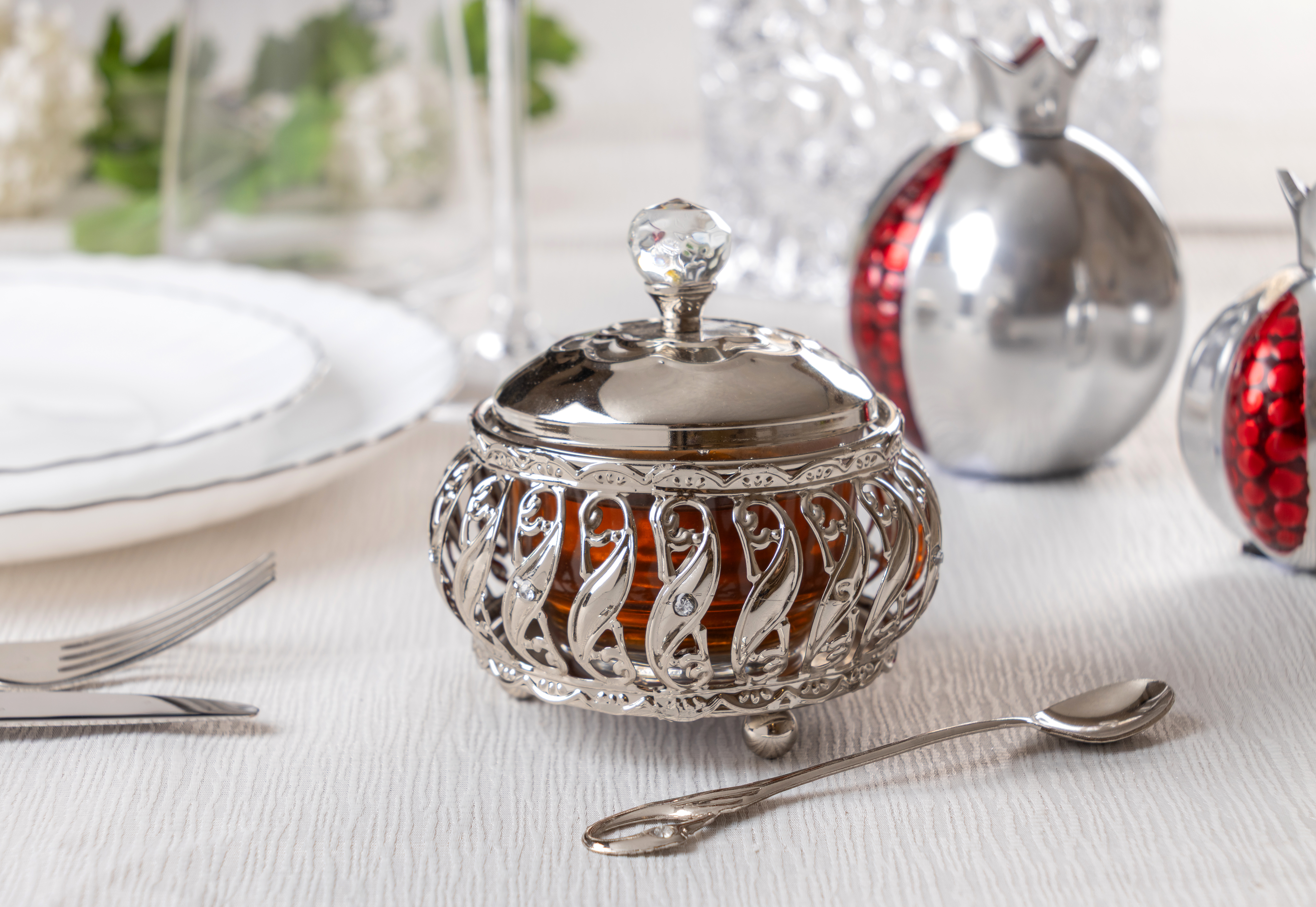 Metal Filigreen Honey Dish, 10 cm - Silver