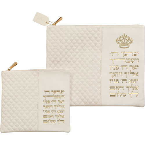 Leather Like Talit - Tefilin Set 36*29 cm White with Embossed Letters