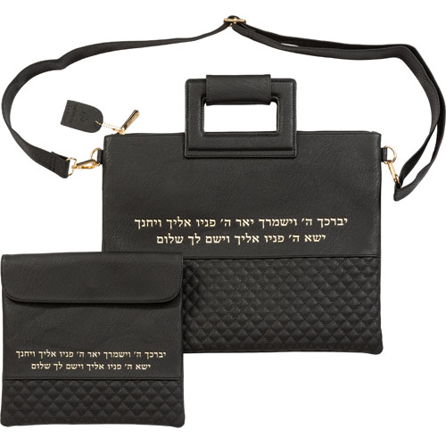Leatherette Talit & Tefilin Set 38*31 cm - Black with Embossed Letters