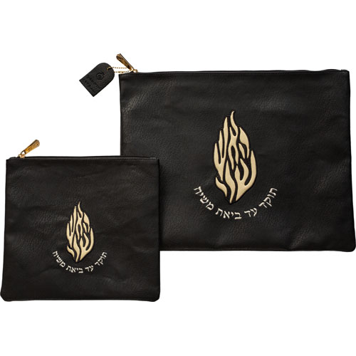 Leatherette Tallit - Tefillin Set 36*29 cm with Embossed Logo - Gold, Black, with Gold Embroidery