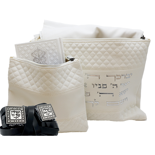 Leatherette Tallit & Tefillin Set 38*31 cm - White with Embossed Letters - Silver