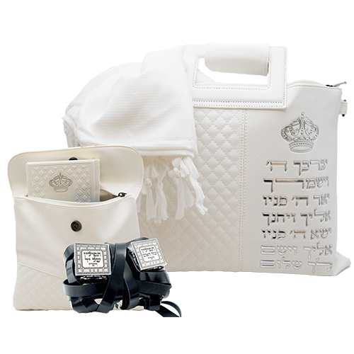 Leatherette Talit - Tefilin Set 36*29 cm with Bold Embroidery - Silver