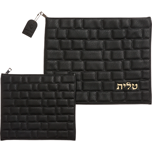 סט טלית תפילין דמוי עור "כותל" עם הבלטה "טלית" 36×29 ס״מ
