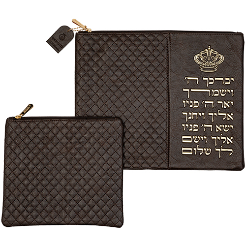 סט טלית תפילין דמוי עור חום כהה אותיות בולטות "יברכך" 29×36 ס״מ