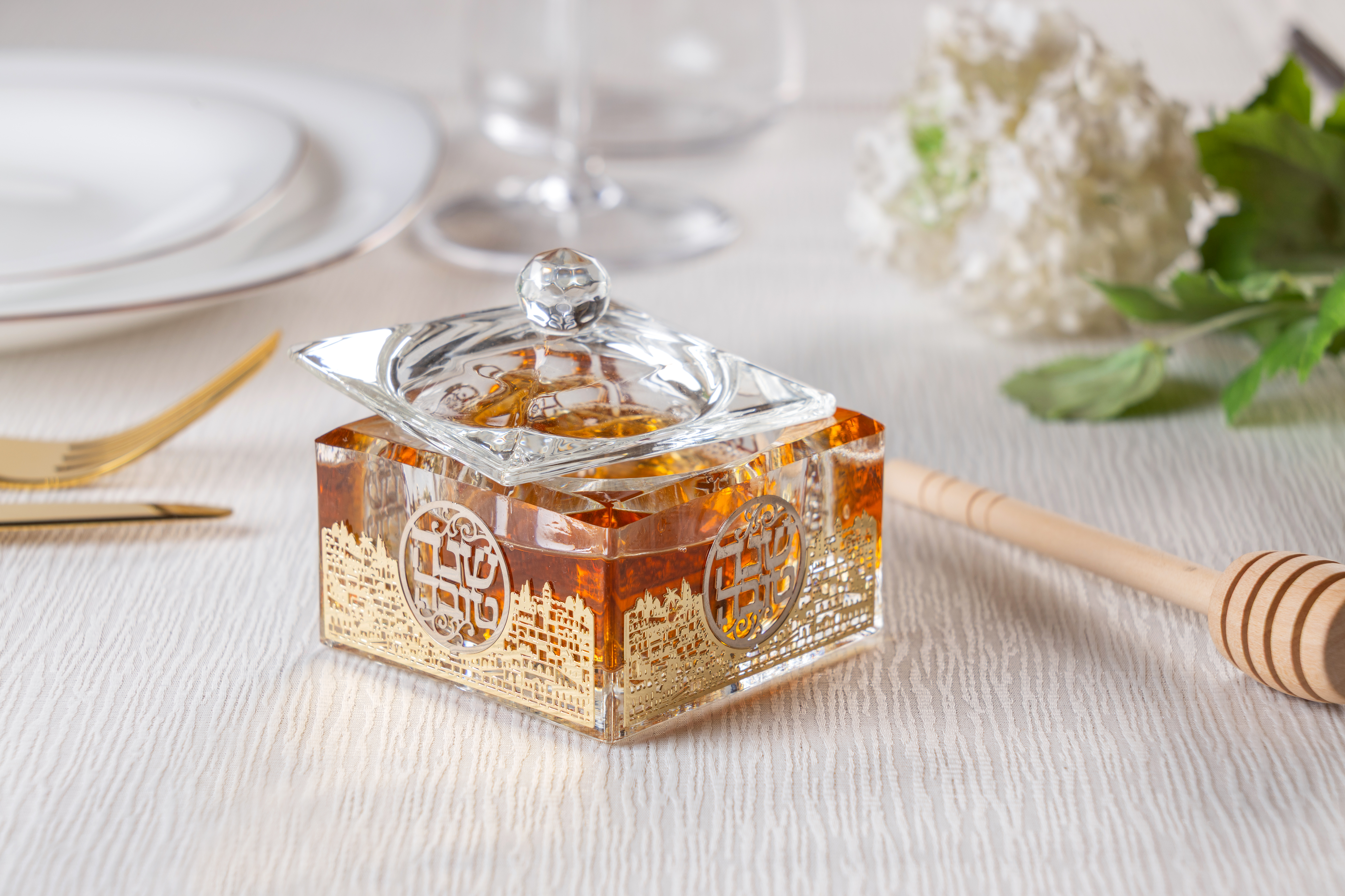 Crystal Honey Dish 7*7 cm with Metal Plaque