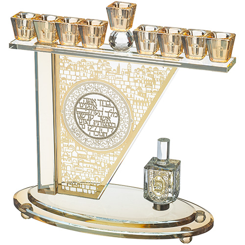 Crystal Menorah 28*27 cm with Metal Plaque and Stones