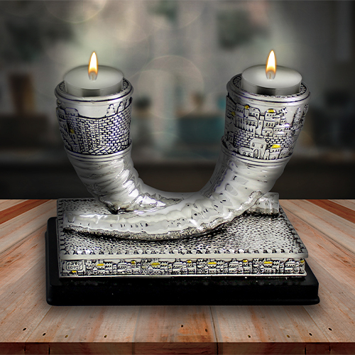 Elegant Silvered Polymer "Shofar" Candlesticks - "Jerusalem" Design 15 cm