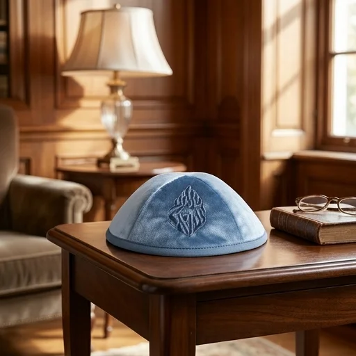 Velvet Kippah "Art-man" with Embroidery Size 3- Blue - Light Blue