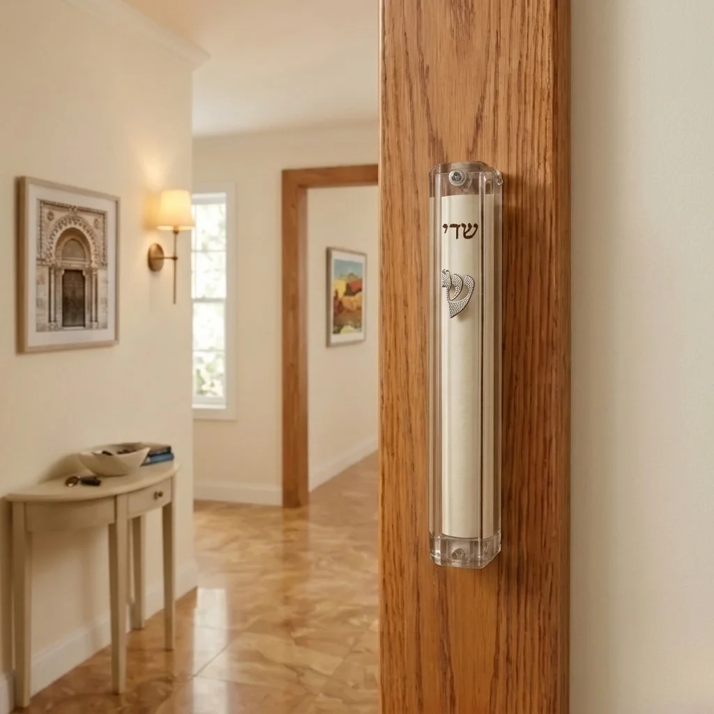 Plastic Clear Mezuzah with Rubber Cork 20 cm- with Silver Shin