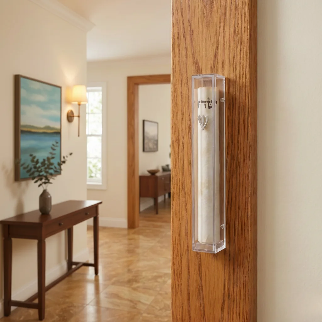 Clear Plastic Mezuzah with Rubber Cork 12 cm - with Gold Shin (28281)