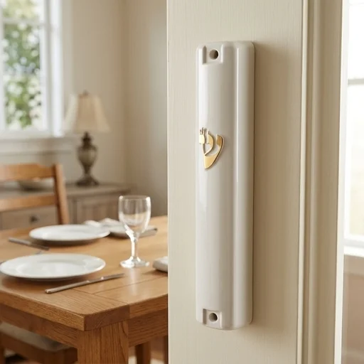Plastic Mezuzah with Rubber Cork 15 cm- White with Gold Shin