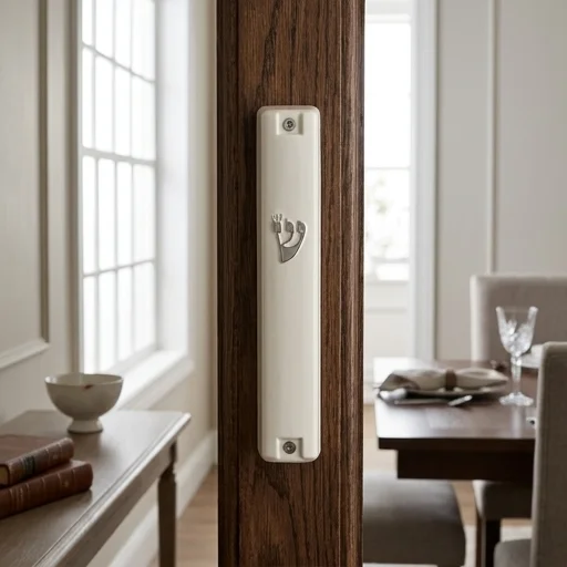 Plastic White Mezuzah with Rubber Cork 10 cm - with Silver Shin (29993)
