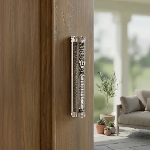 Clear Plastic Mezuzah with Rubber Cork 15 cm- with the Letter Shin and Plaque - Silver