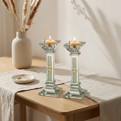 Crystal Candlesticks 16.5 cm with Metal Plaque- Ornaments