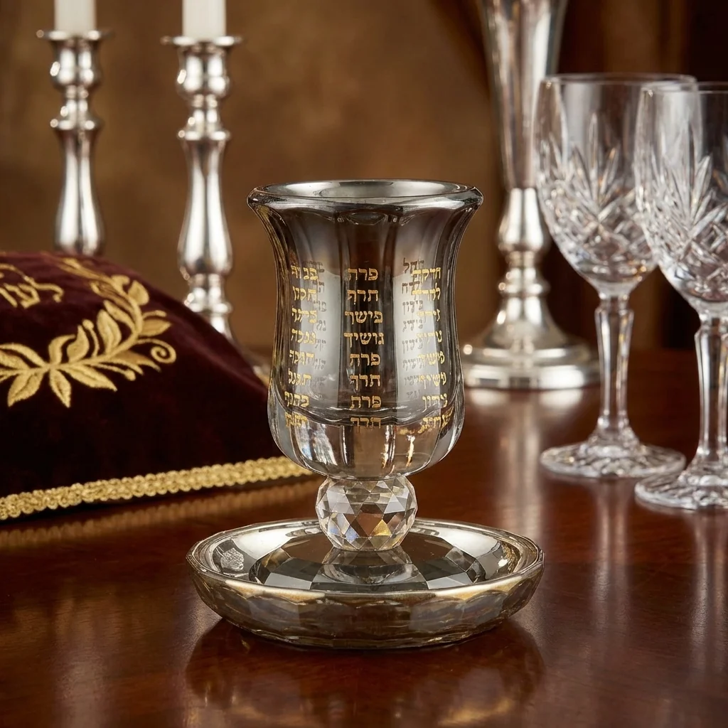 Crystal Kiddush Cup with Stem "the Bible Rivers" 13 cm - Gold, Black