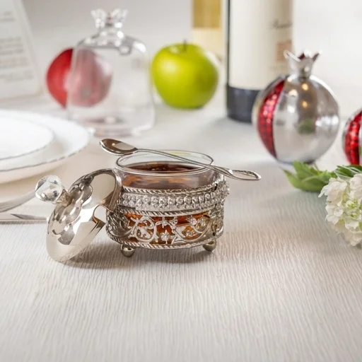 Metal Filigree Honey Dish, 10 cm - Silver