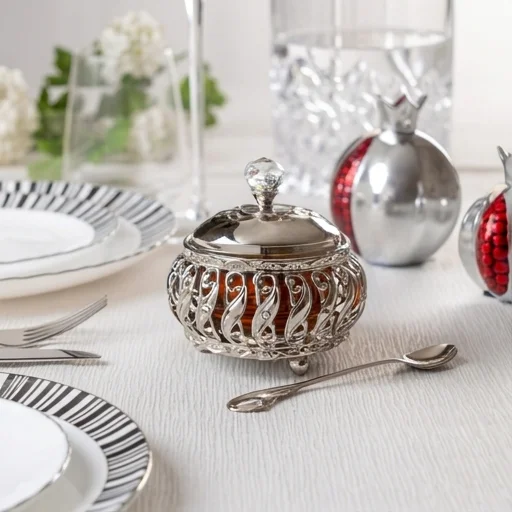 Metal Filigreen Honey Dish, 10 cm - Silver
