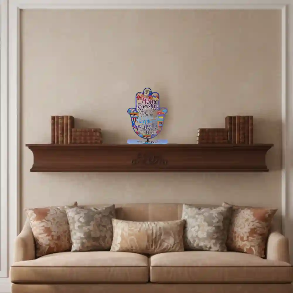 Metal Laser Cut Hamsa with Base English Home Blessing 24 cm