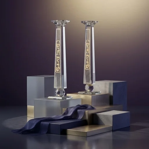 Pair of Crystal Elegant Candlesticks with Laser Cut Metal Plaque 33.5 cm