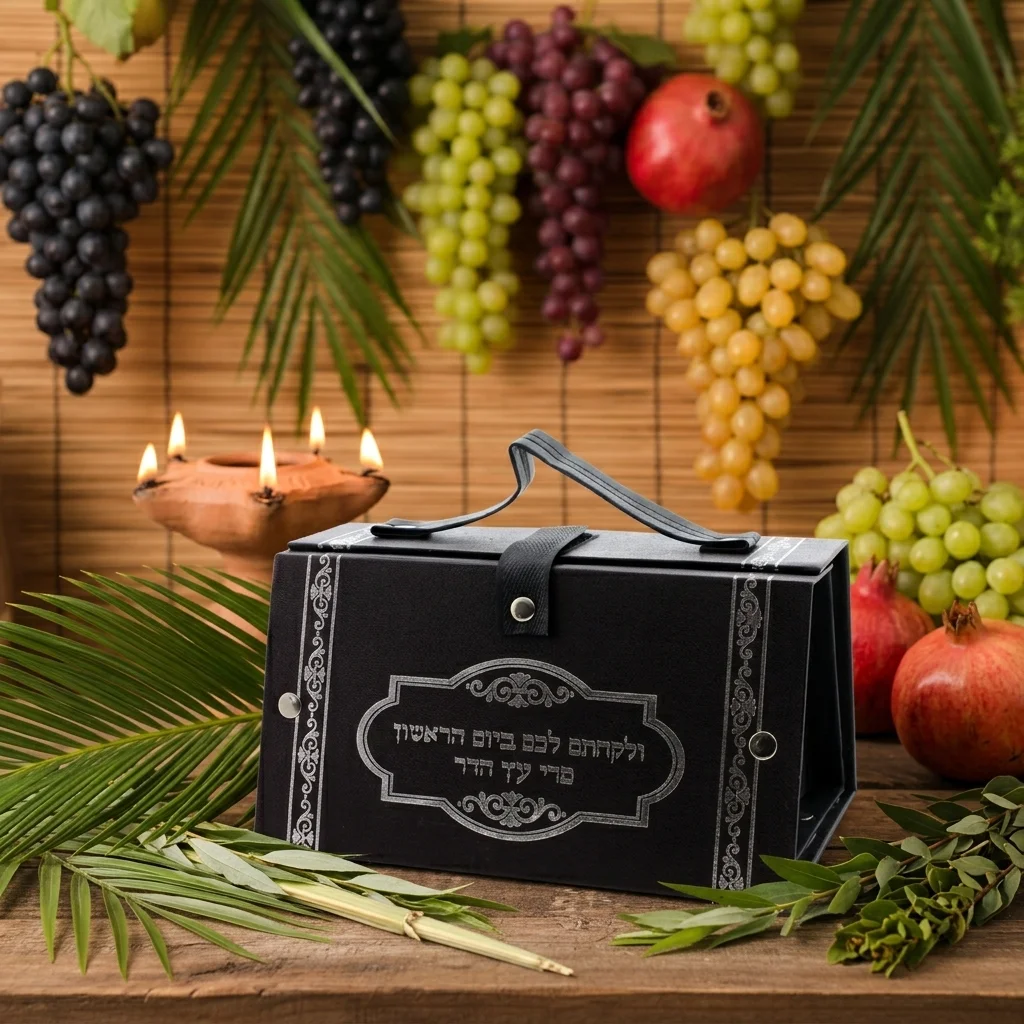 Faux Leather Etrog Box 11x19x13 cm- with Silver Print