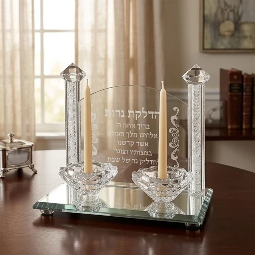 Crystal Candlesticks 17x18 cm- with Candle Lighting Blessing -Hebrew