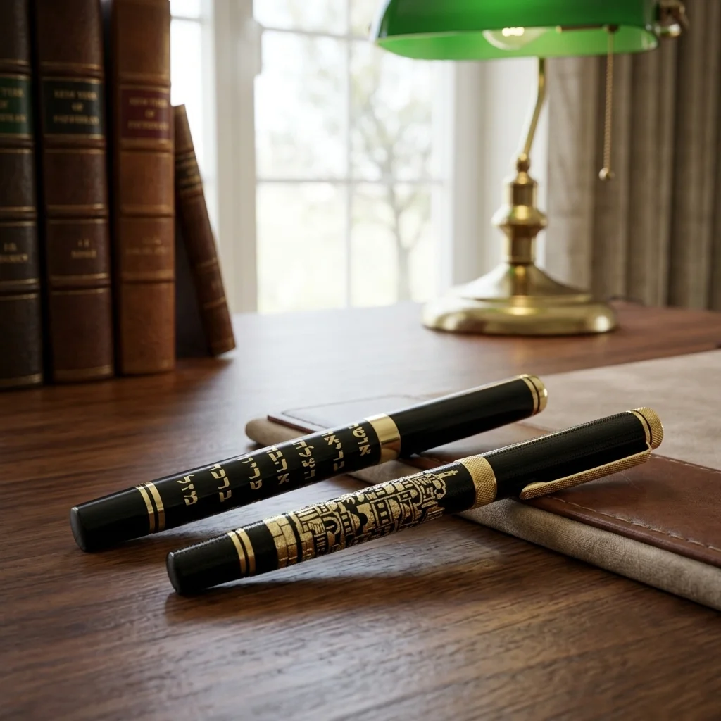 Elegant Pen with Gold 7 Blessings and Jerusalem Decoration 13.5 cm Hebrew - Black