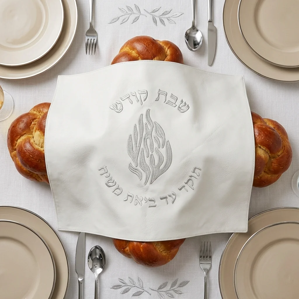 Leatherette Challah Cover 54x45 cm - Silver, White, with Silver Embroidery