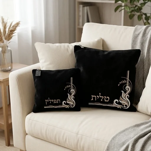 Velvet Tallit Tefillin Set 35.6*35.6 cm, Dark Blue with Embroidery