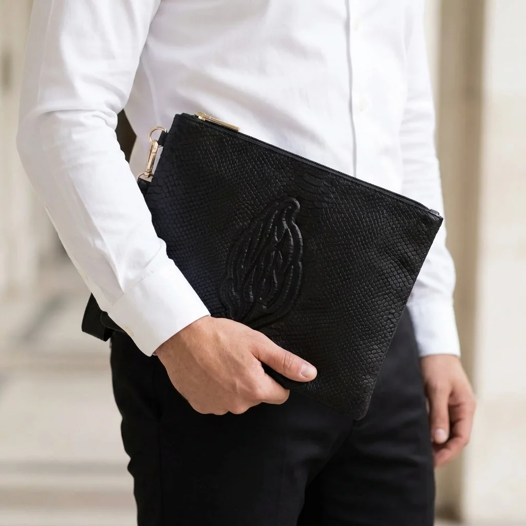 Leatherette Tefilin Clutch Bag with Embossed Logo 26.5x20.5cm - Black Snake-skin