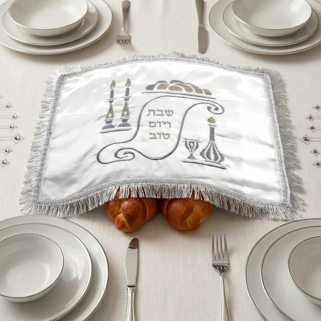 Satin Challah Cover-bottle and Silver Candlestick 48x58 cm - White, with Embroidery