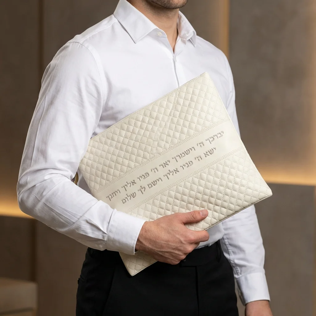 Leatherette Tallit - Tefillin Set 36*29 cm White with Embossed Logo
