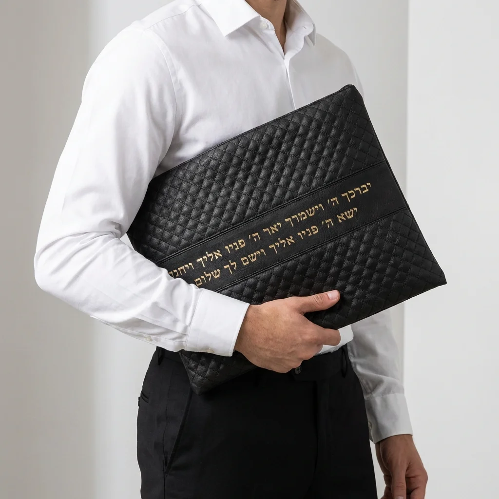 Leatherette Tallit - Tefillin Set 36*29 cm Black with Embossed Logo - Gold