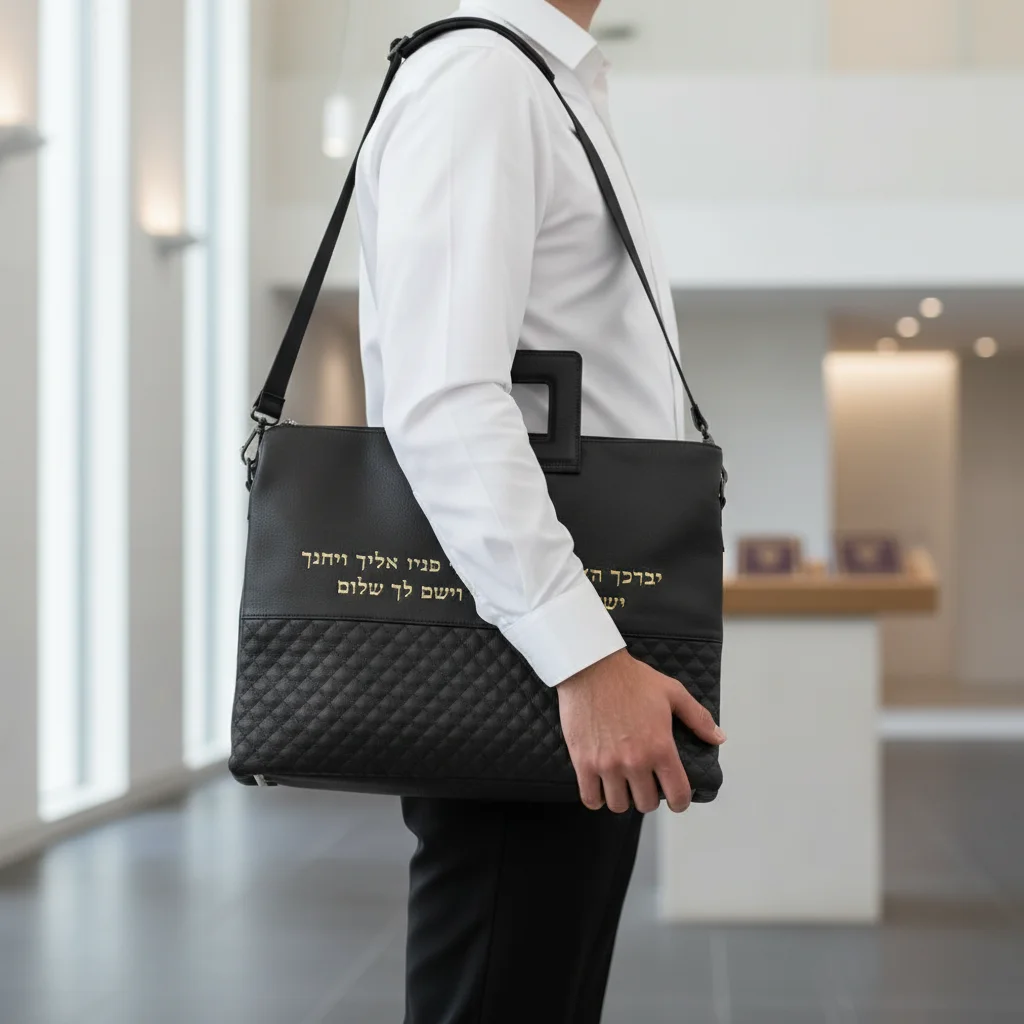 PU Leathere Fabric Talit & Tefilin Set 38*31 cm - Black with Embossed Logo - Gold