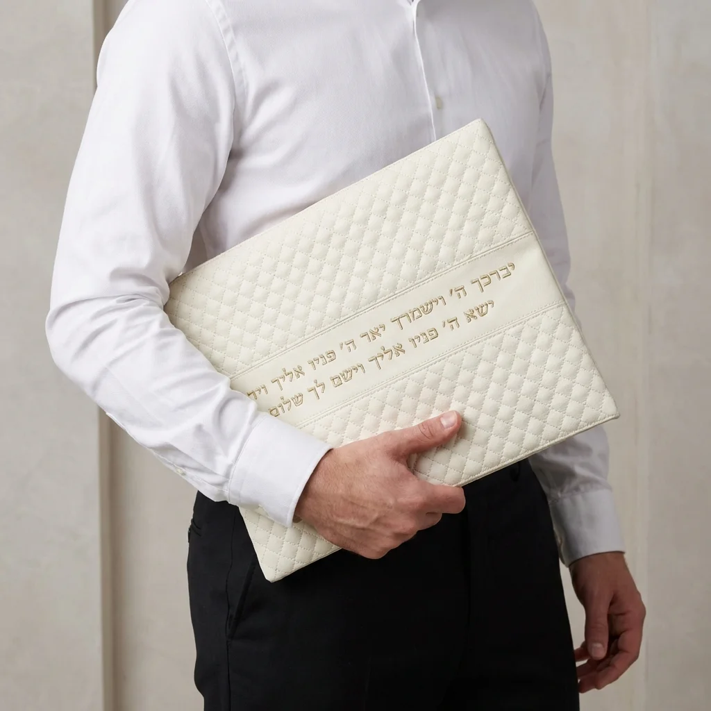 Leatherette Tallit - Tefillin Set 36*29 cm White with Embossed Logo - Gold