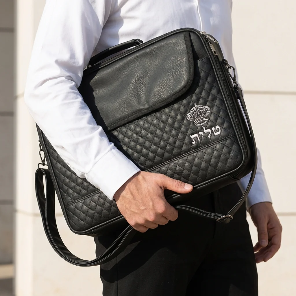 PU Leathere Fabric Talit 43*36 cm with Handle- Black with Embossed Letters