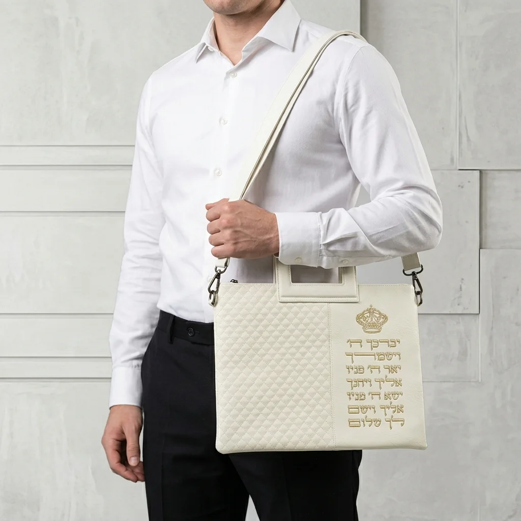 PU Leathere Fabric Talit & Tefilin Set 38*31 cm - White with Embossed Letters