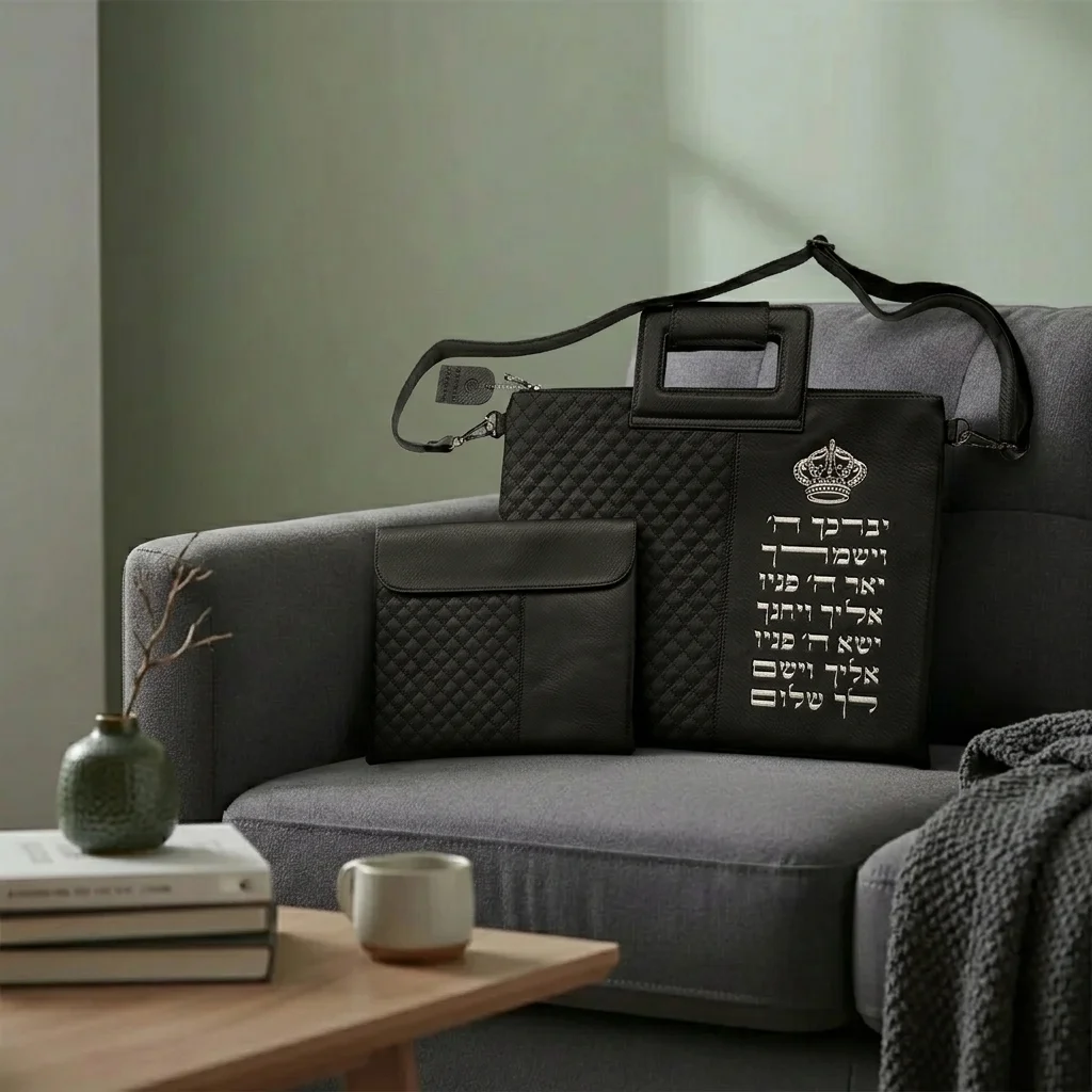 PU Leathere Fabric Talit & Tefilin Set 38*31 cm - Black with Embossed Letters