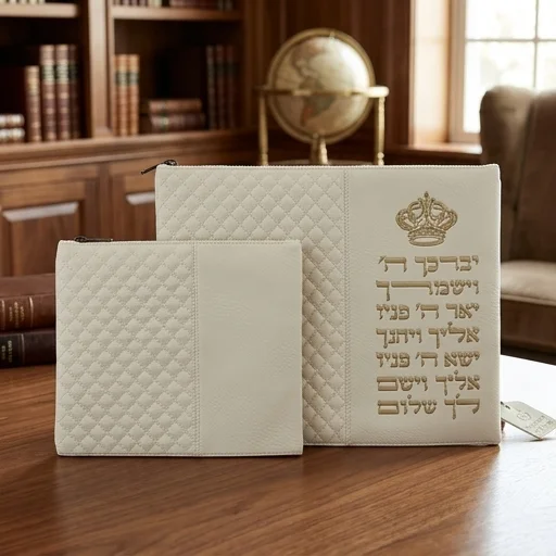 Leatherette Tallit - Tefillin Set 36*29 cm White with Embossed Letters