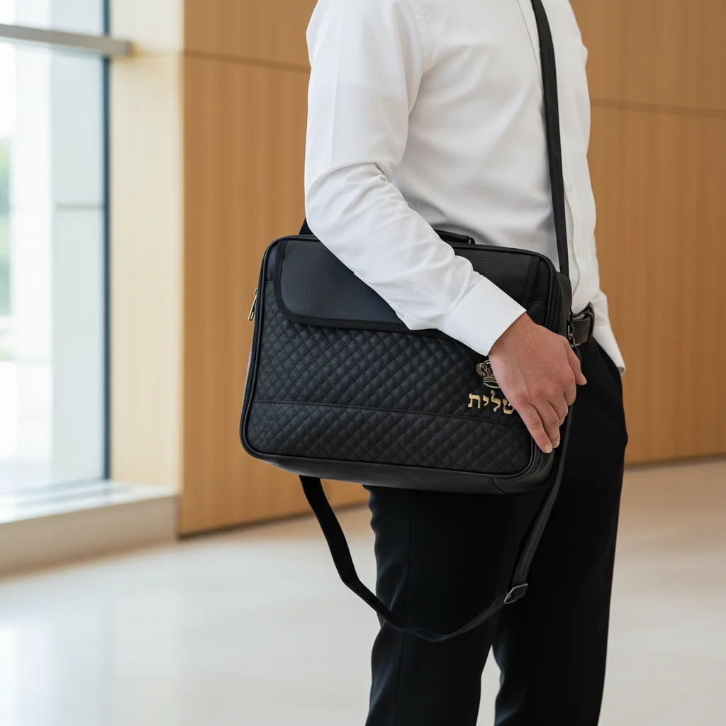 PU Leathere Fabric Talit 43*36 cm with Handle- Black with Embossed Letters
