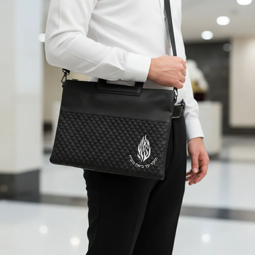 PU Leathere Fabric Talit & Tefilin Set 38*31 cm with Handles&embossed Logo - Black